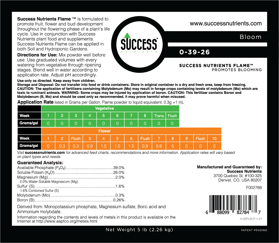 Success Nutrients Flame Pro back label
