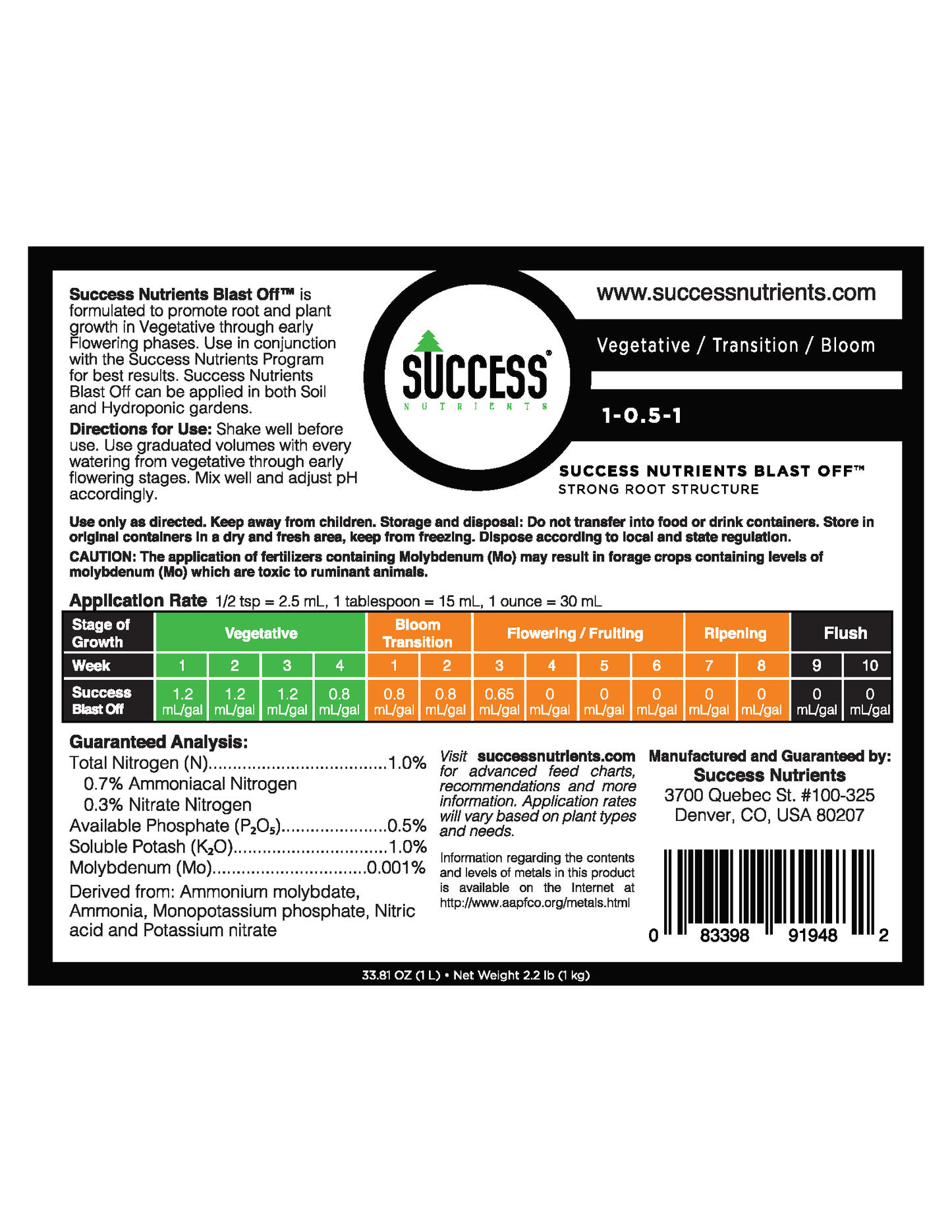 The Success Nutrients Blast Off labels
