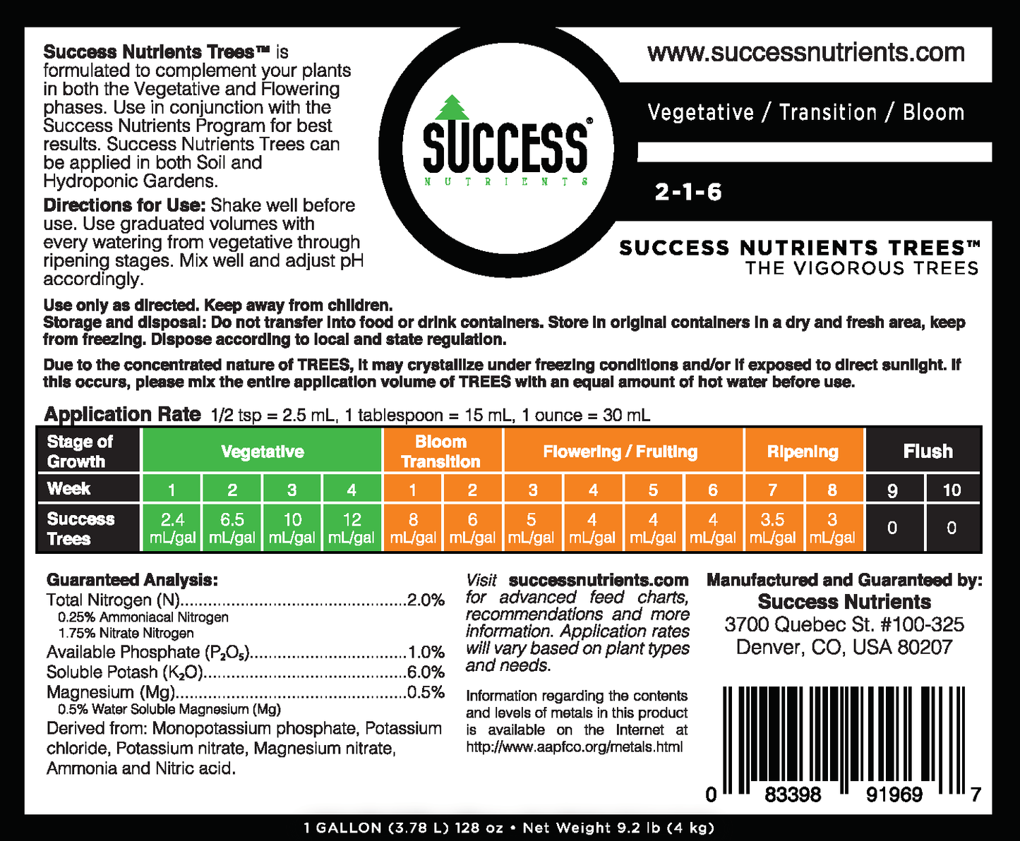 The Success Nutrients Trees labels
