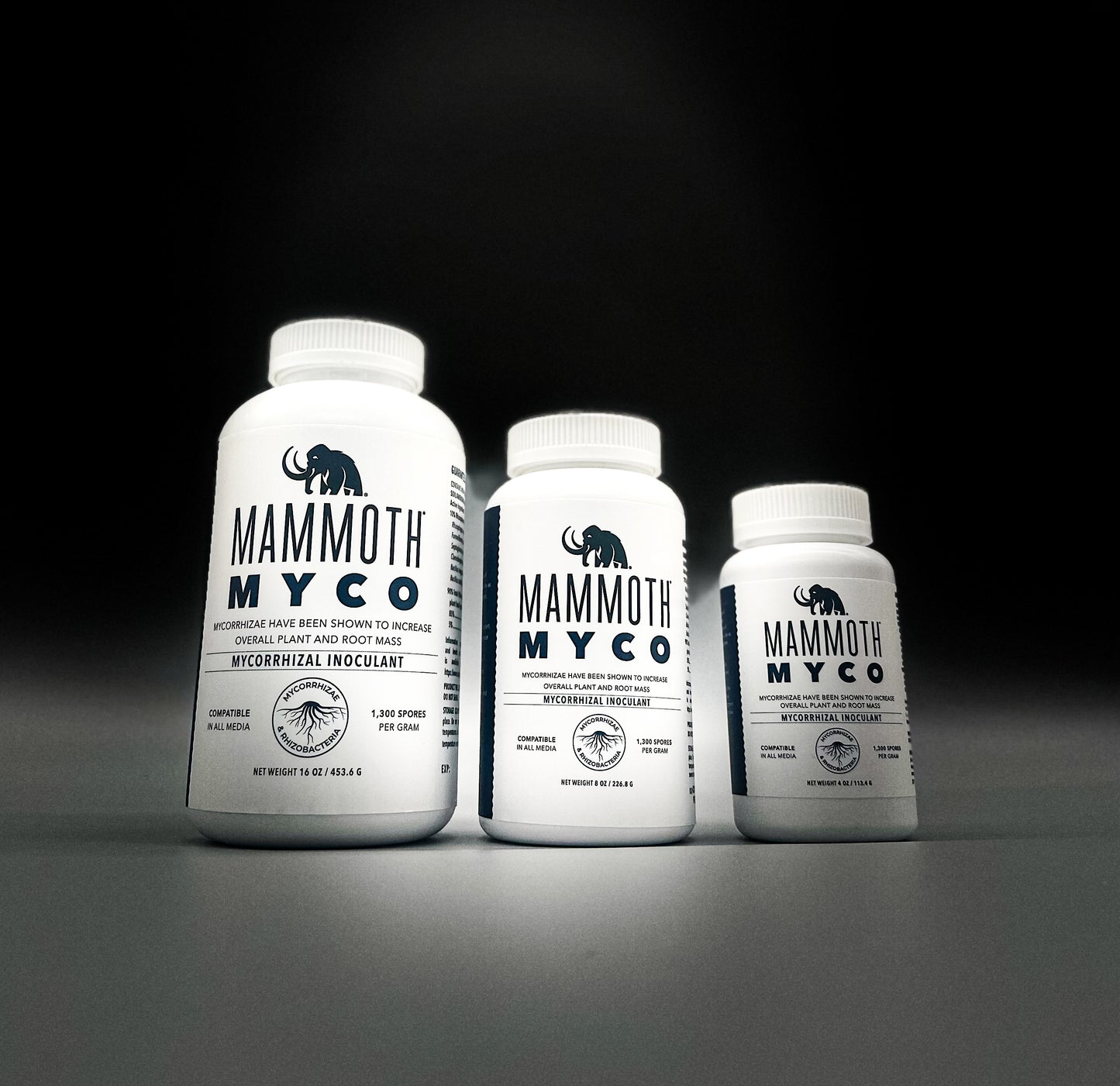 Three bottles of Mammoth Myco, now available through Organitek, a beneficial endomycorrhizal fungi and rhizobacteria product, in different sizes. 