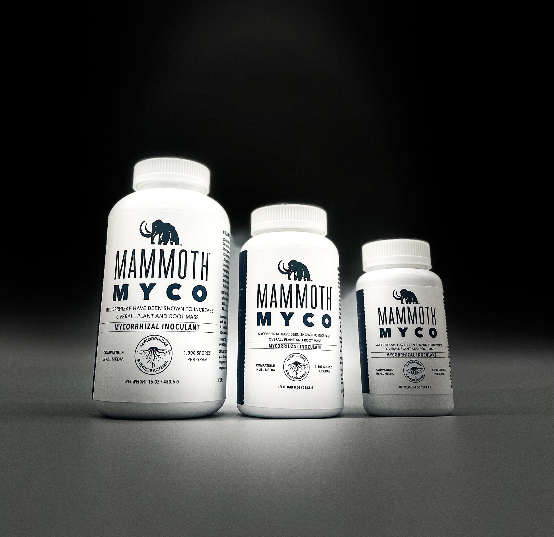 Three bottles of Mammoth Myco, now available through Organitek, a beneficial endomycorrhizal fungi and rhizobacteria product, in different sizes. 