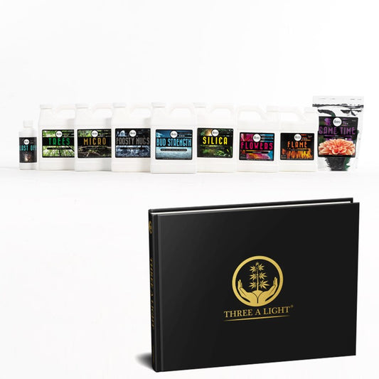 A set of cannabis growing nutrients, the Success Nutrients line, and a book titled 'Three A Light' by Joshua Haupt.