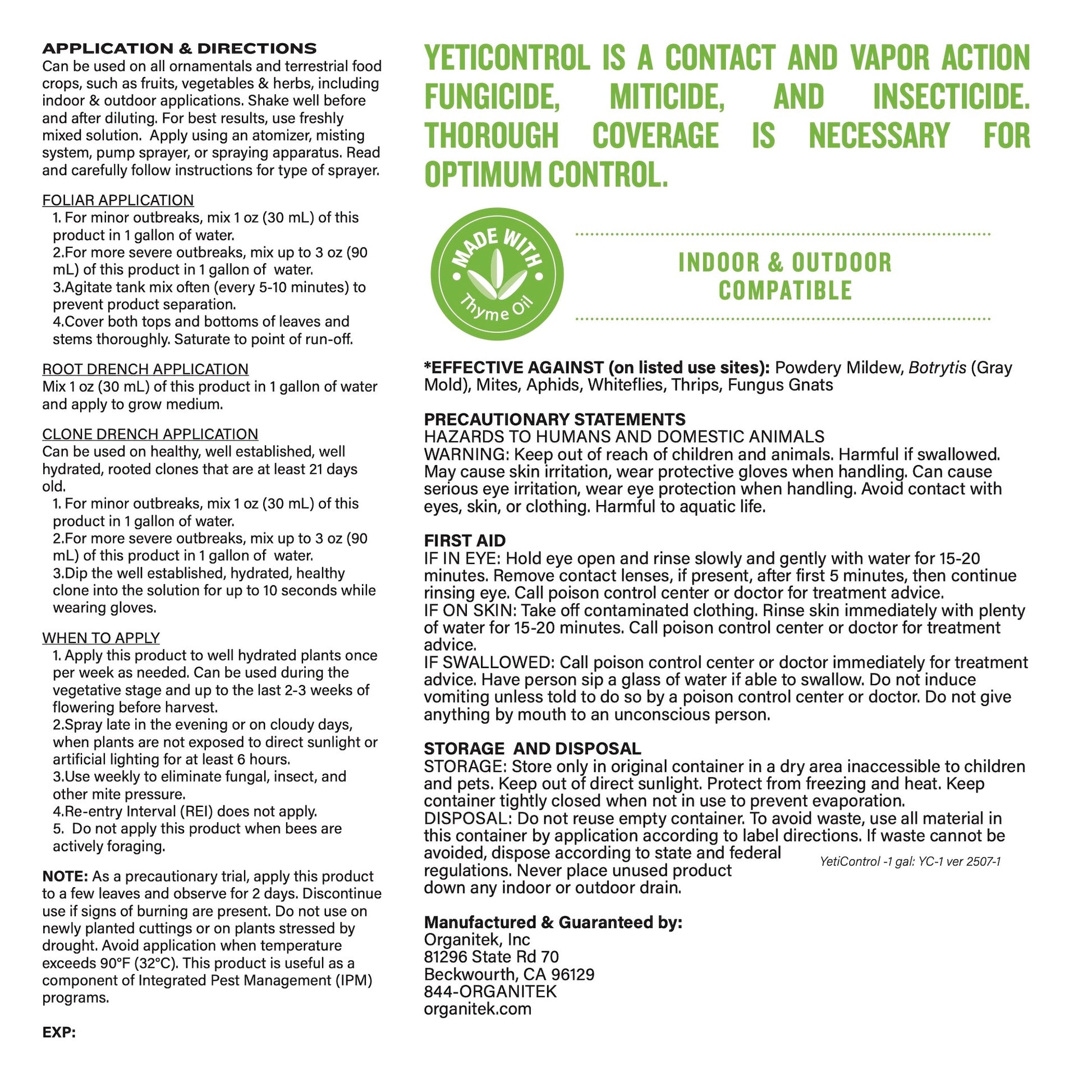 YetiControl by Organitek back label offers application rates and instructions. 