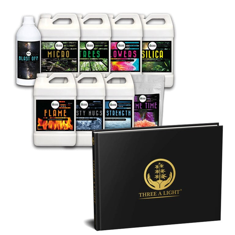The image displays several bottles of the Success Nutrients liquid plant nutrients alongside a book titled 'Three A Light' by Joshua Haupt, presented in a black cover with a gold logo.