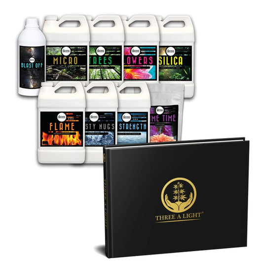 The image displays several bottles of the Success Nutrients liquid plant nutrients alongside a book titled 'Three A Light' by Joshua Haupt, presented in a black cover with a gold logo.
