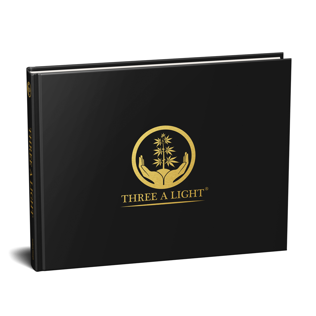 This image features the cover of a book titled "Three A Light™ - A Definitive Grow Guide" by Joshua Haupt. The cover is sleek and professional, presented in a portrait orientation.