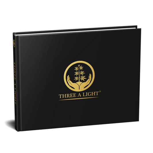 This image features the cover of a book titled "Three A Light™ - A Definitive Grow Guide" by Joshua Haupt. The cover is sleek and professional, presented in a portrait orientation.
