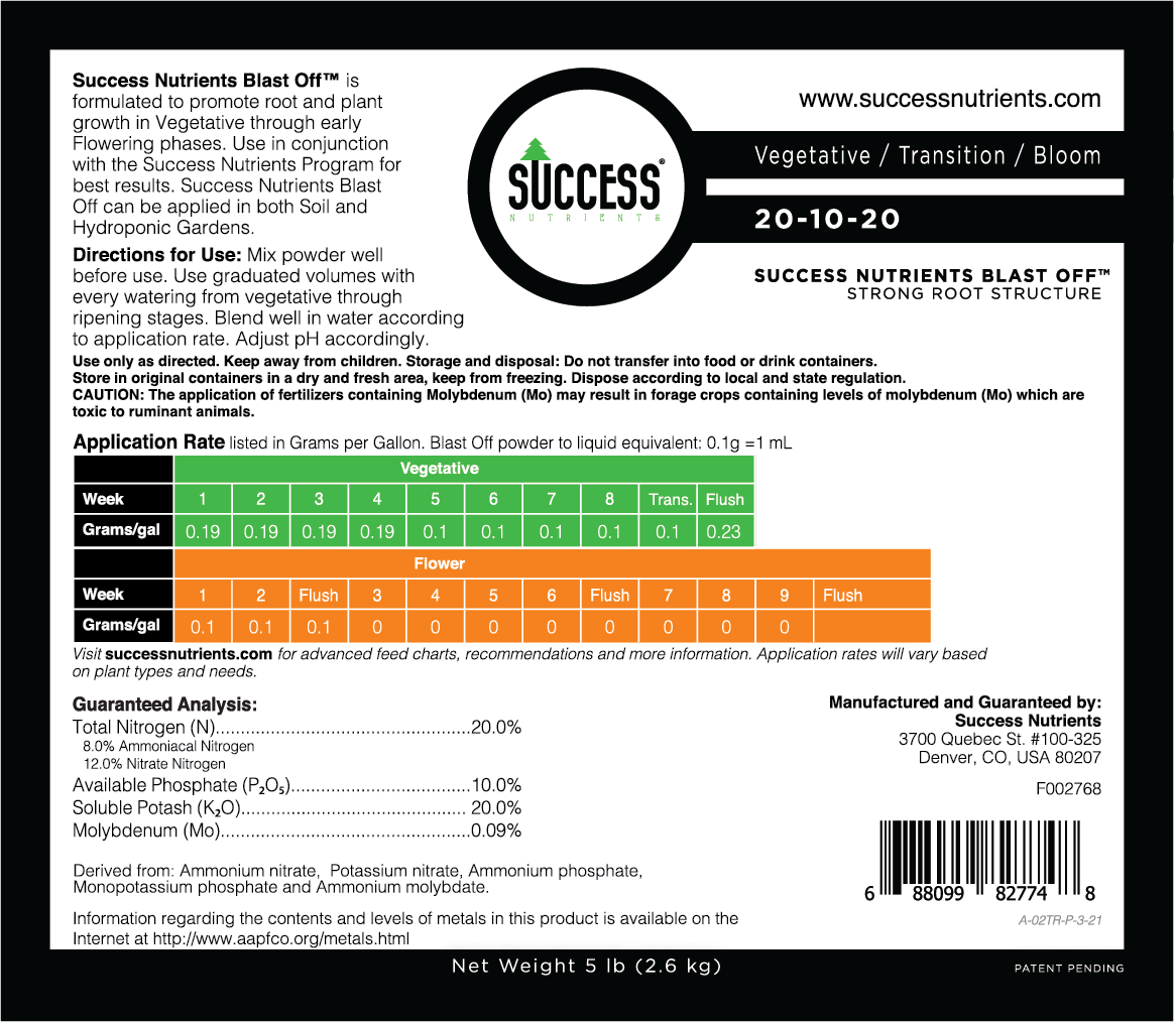 Success Nutrients Blast Off Pro back label