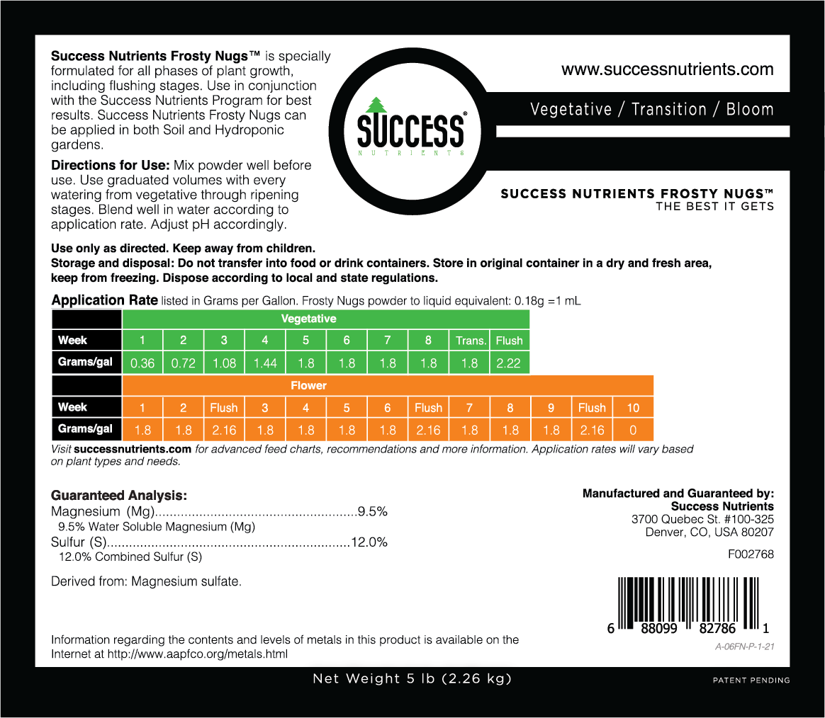 Success Nutrients Frosty Nugs Pro back label