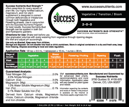 The Success Nutrients Bud Strength labels