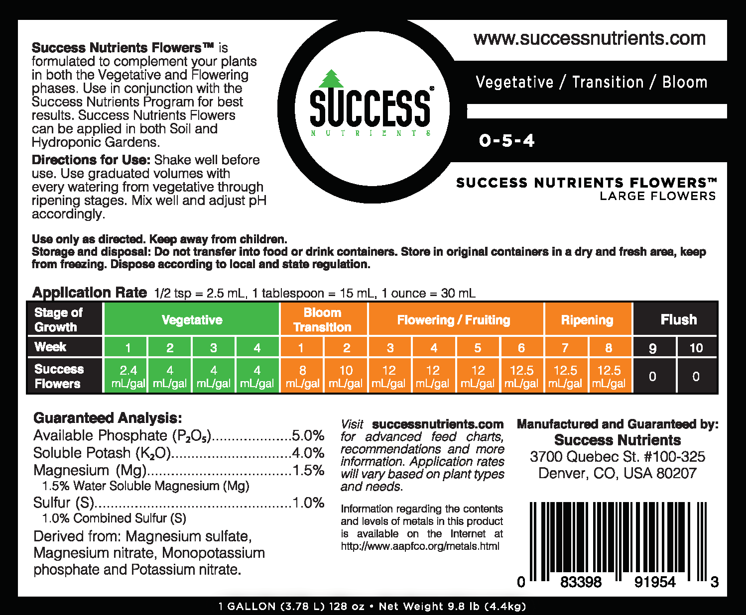 The Success Nutrients Flowers labels