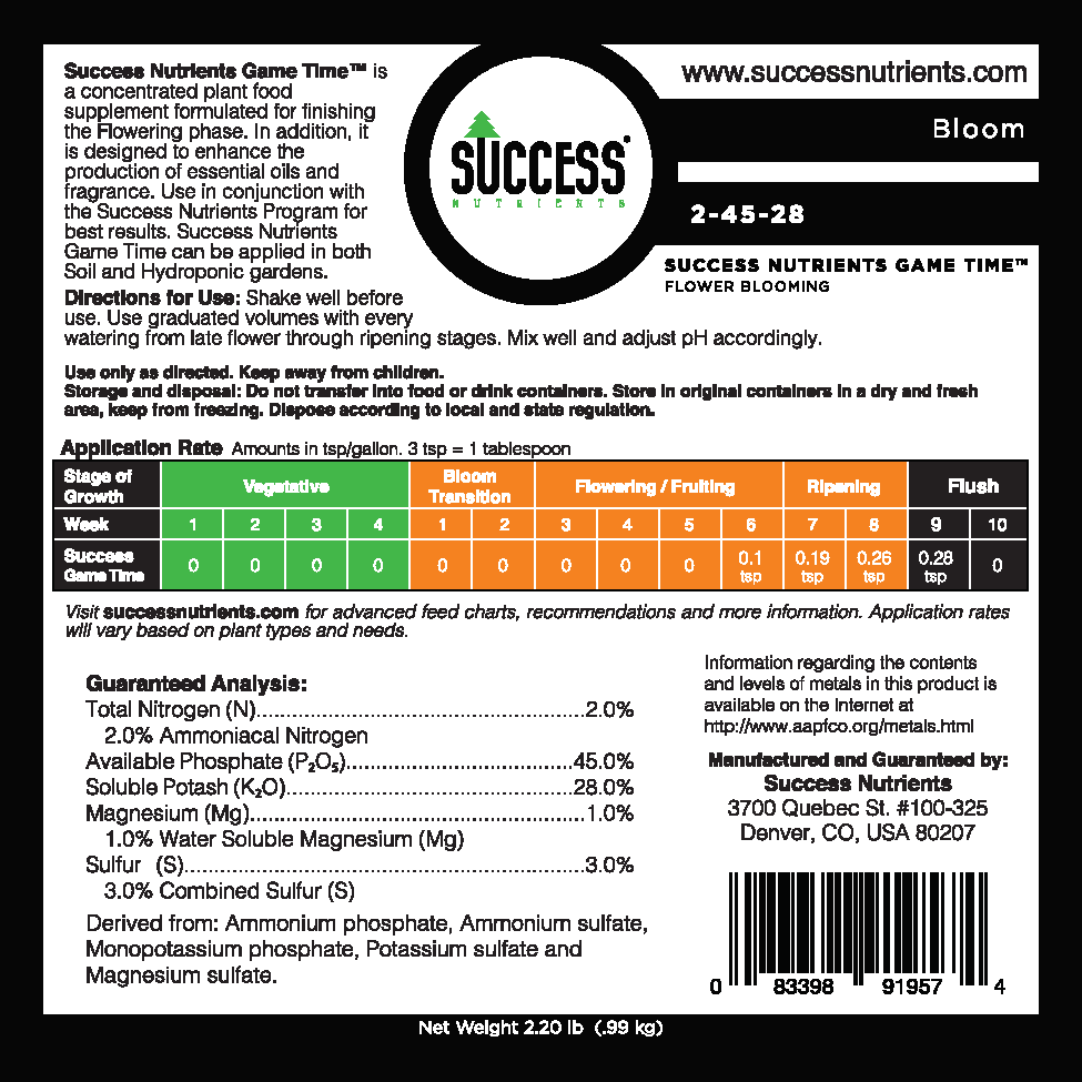 The Success Nutrients Game Time labels