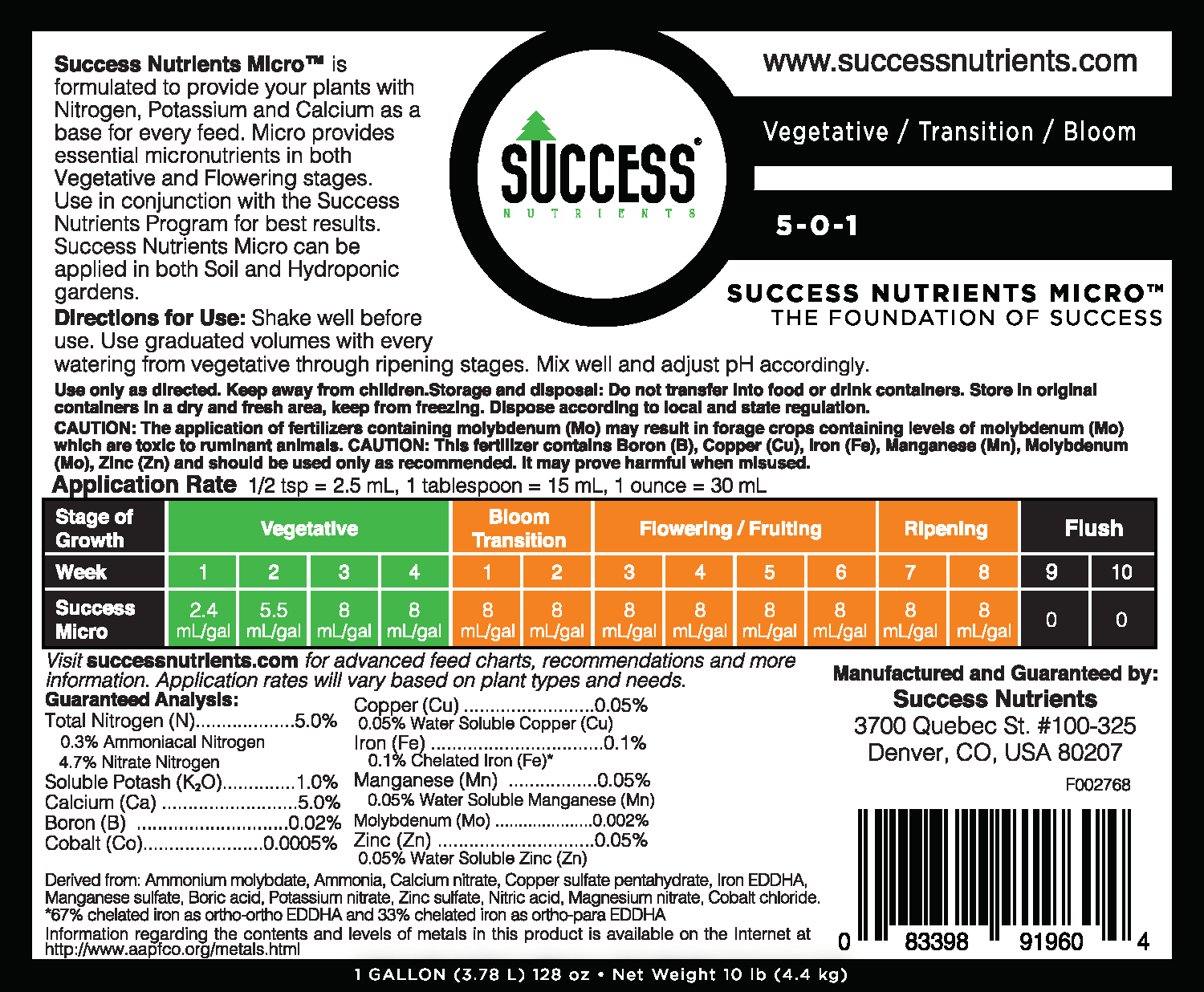 The Success Nutrients Micro labels
