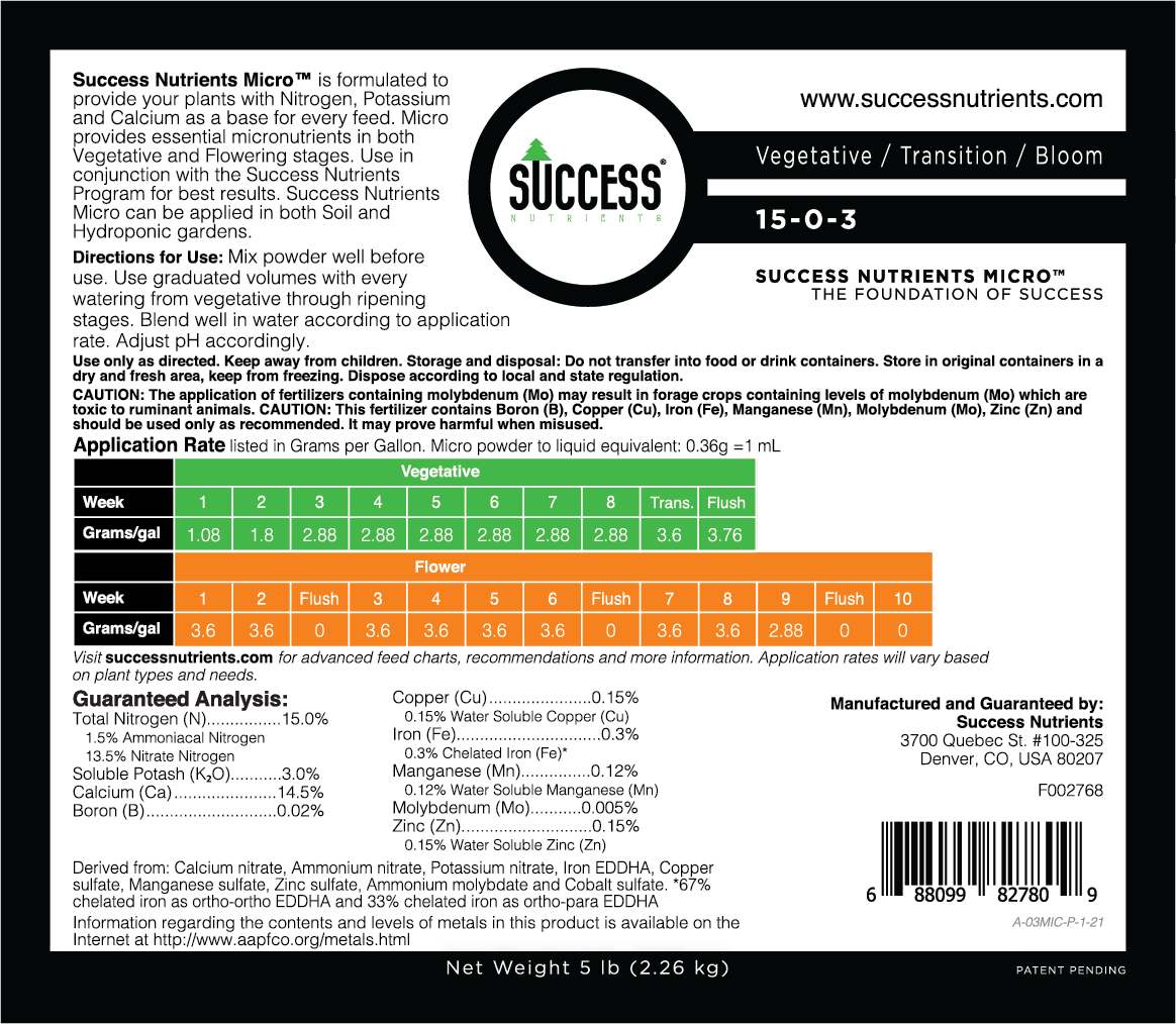 Success Nutrients Micro Pro back label