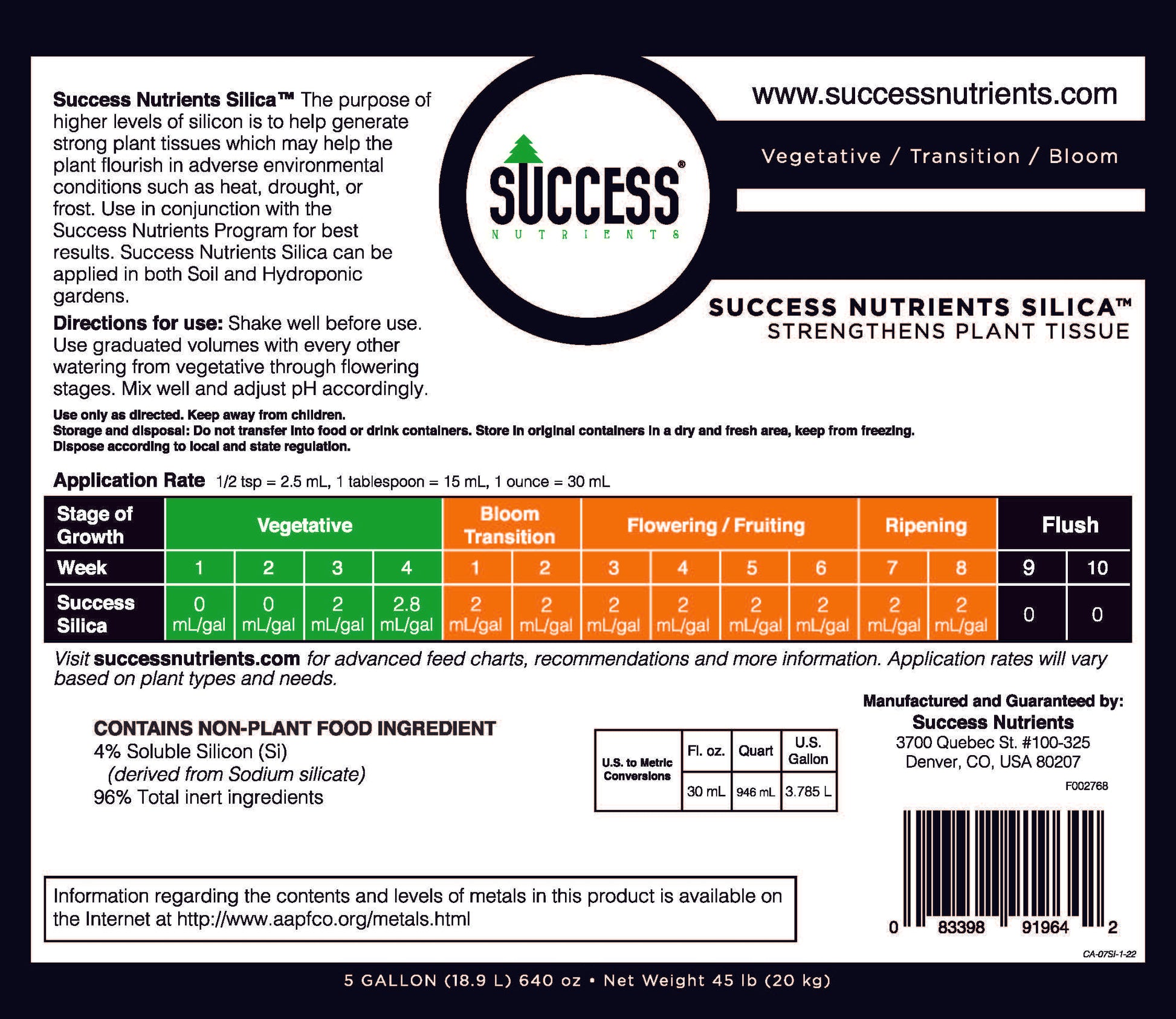 The Success Nutrients Silica back label